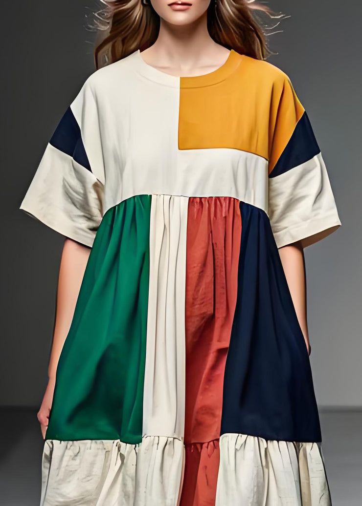 Women Colorblock O Neck Patchwork Linen Mid Dress Summer