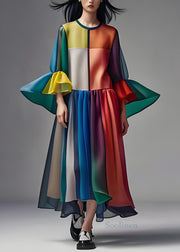 Women Colorblock O Neck Patchwork Loose Chiffon Dress Summer