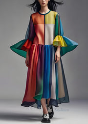 Women Colorblock O Neck Patchwork Loose Chiffon Dress Summer