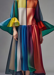 Women Colorblock O Neck Patchwork Loose Chiffon Dress Summer