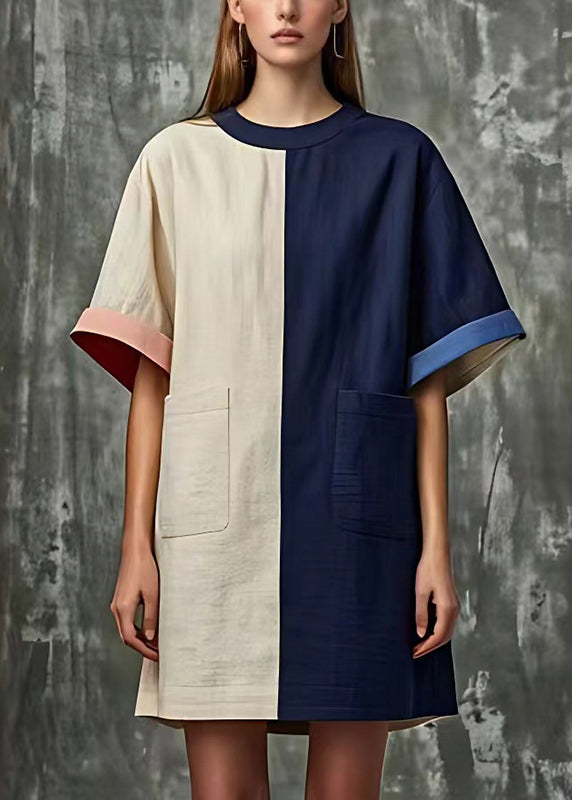 Women Colorblock Oversized Patchwork Pockets Linen Dress Summer