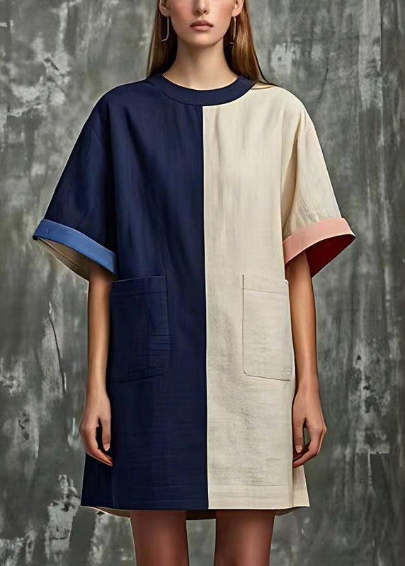 Women Colorblock Oversized Patchwork Pockets Linen Dress Summer