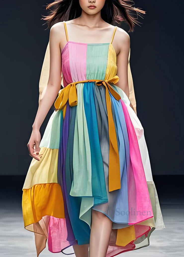 Women Colorblock Patchwork Cotton Spaghetti Strap Dress Sleeveless