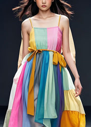 Women Colorblock Patchwork Cotton Spaghetti Strap Dress Sleeveless