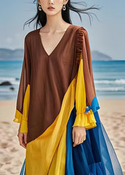 Women Colorblock Ruffled Chiffon Patchwork Cotton Dress Long Sleeves