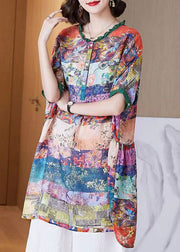 Women Colorblock Ruffled Print Patchwork Cotton Shirt Top Half Sleeve