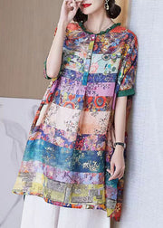 Women Colorblock Ruffled Print Patchwork Cotton Shirt Top Half Sleeve