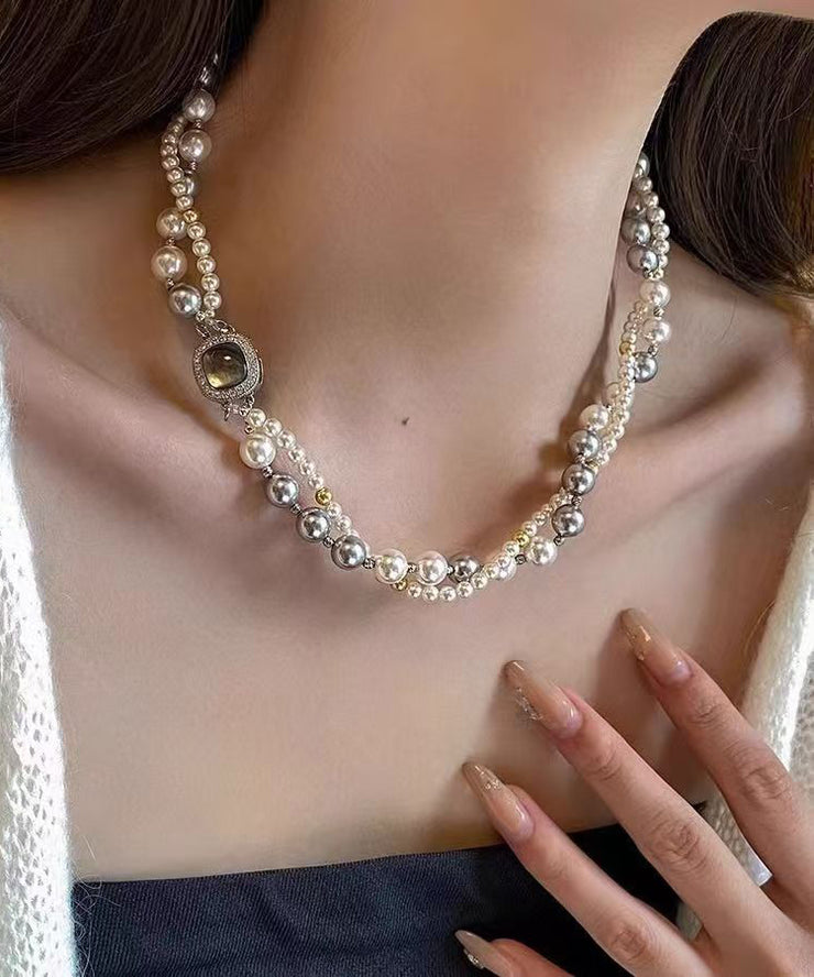 Women Colorblock Sterling Silver Zircon Double Layer Pearl Square Gratuated Bead Necklace