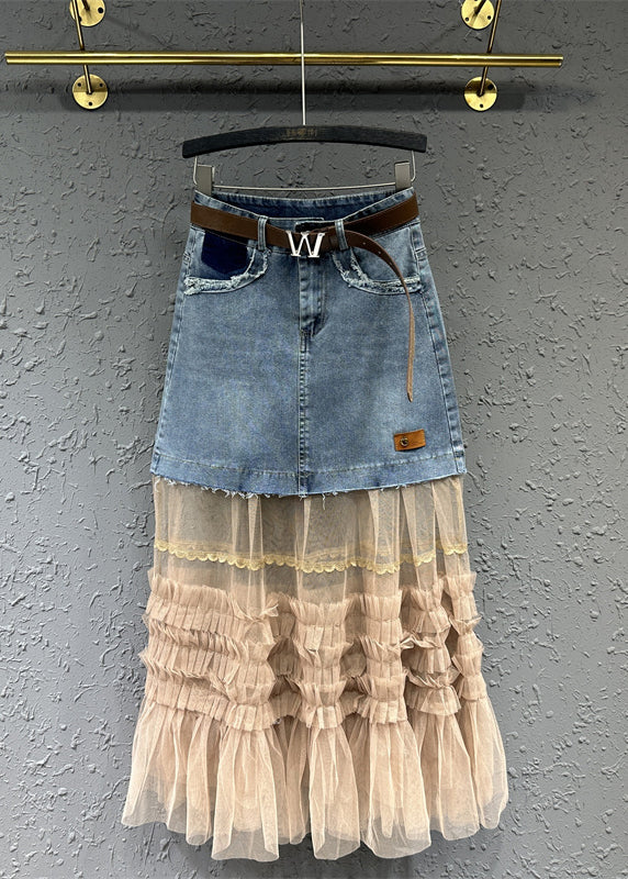 Women Colorblock Tulle Ruffled Pockets Patchwork Denim Skirt Fall