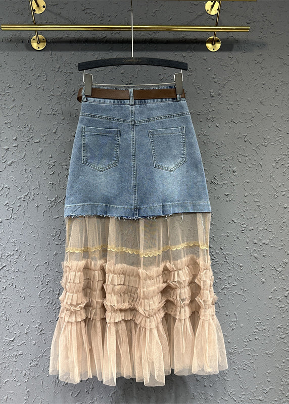 Women Colorblock Tulle Ruffled Pockets Patchwork Denim Skirt Fall