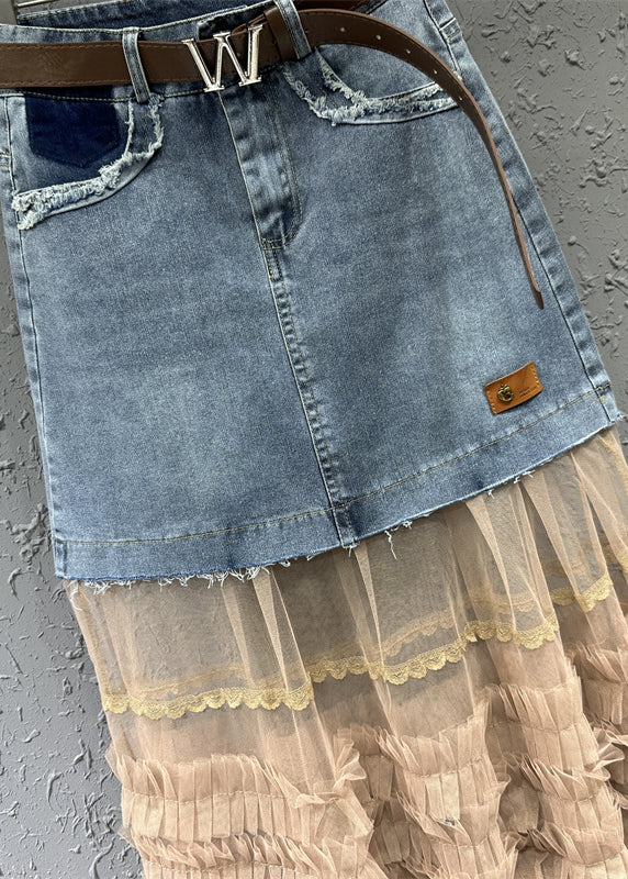 Women Colorblock Tulle Ruffled Pockets Patchwork Denim Skirt Fall