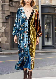 Women Colorblock V Neck Patchwork Golden Button Silk Velvet Dresses Spring