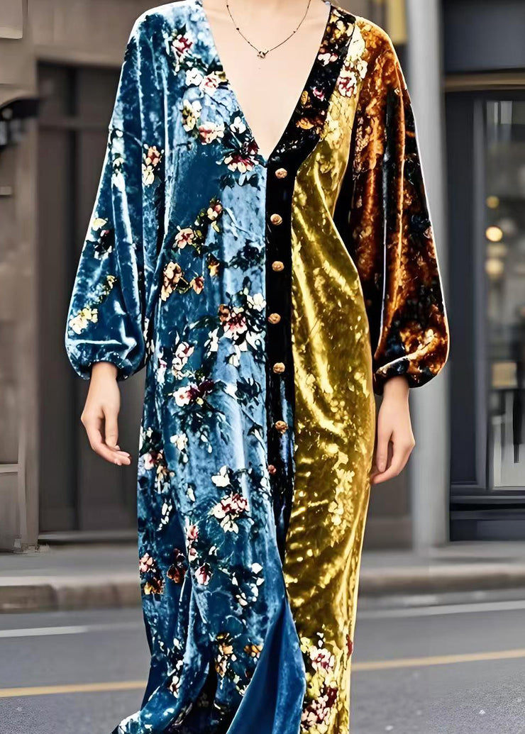 Women Colorblock V Neck Patchwork Golden Button Silk Velvet Dresses Spring