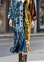 Women Colorblock V Neck Patchwork Golden Button Silk Velvet Dresses Spring