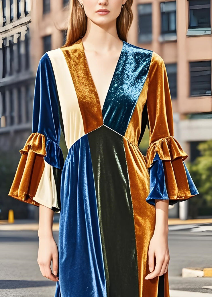 Women Colorblock V Neck Patchwork Velvet Dresses Butterfly Sleeve