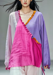 Women Colorblock V Neck Ruffled Patchwork Cotton Top Long Sleeve