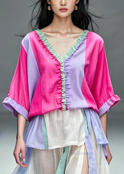 Women Colorblock V Neck Ruffled Patchwork Cotton Top Summer