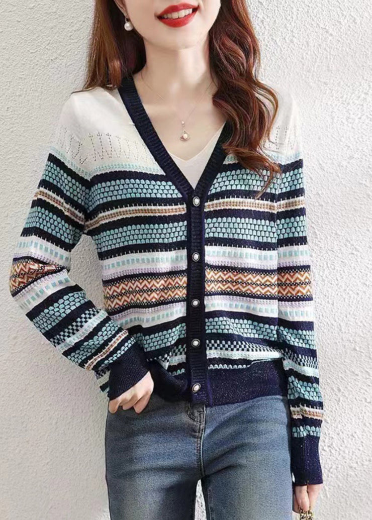 Women Colorblock V Neck Striped Patchwork Button Knit Cardigans Fall