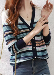 Women Colorblock V Neck Striped Patchwork Button Knit Cardigans Fall