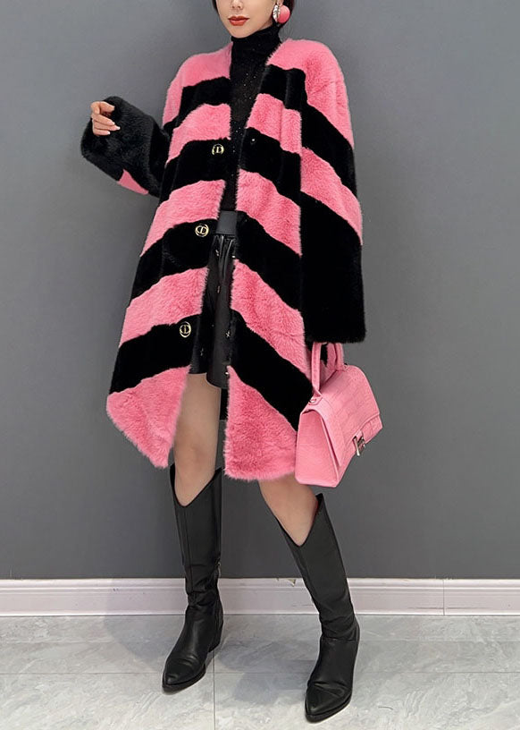 Women Colorblock V Neck Striped Thick Mink Velvet Coat Winter