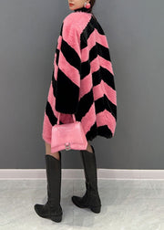 Women Colorblock V Neck Striped Thick Mink Velvet Coat Winter