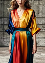 Women Colorblock V Neck Tie Dye Silk Vestidos Dresses Summer