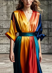 Women Colorblock V Neck Tie Dye Silk Vestidos Dresses Summer