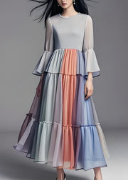 Women Colorblock Wrinkled Patchwork Chiffon Dress Flare Sleeve