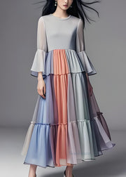 Women Colorblock Wrinkled Patchwork Chiffon Dress Flare Sleeve