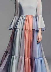 Women Colorblock Wrinkled Patchwork Chiffon Dress Flare Sleeve