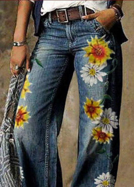 Women Daisy Print Pockets Patchwork Denim Straight Pants Spring