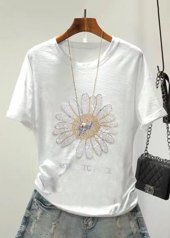 Women Daisy Zircon O Neck Cotton T Shirts Summer