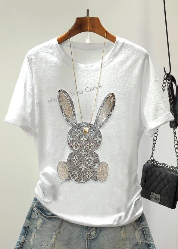 Women Daisy Zircon O Neck Cotton T Shirts Summer