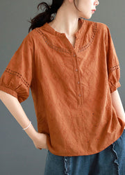 Women Dark Green Hollow Out Embroidered Cotton T Shirt Top