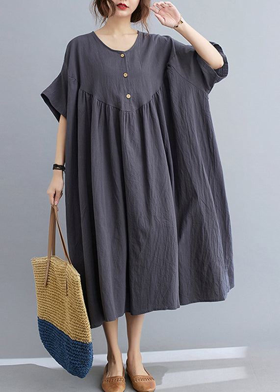 Women Dark Grey Patchwork Button Long Dresses Short Sleeve