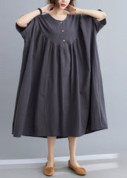 Women Dark Grey Patchwork Button Long Dresses Short Sleeve