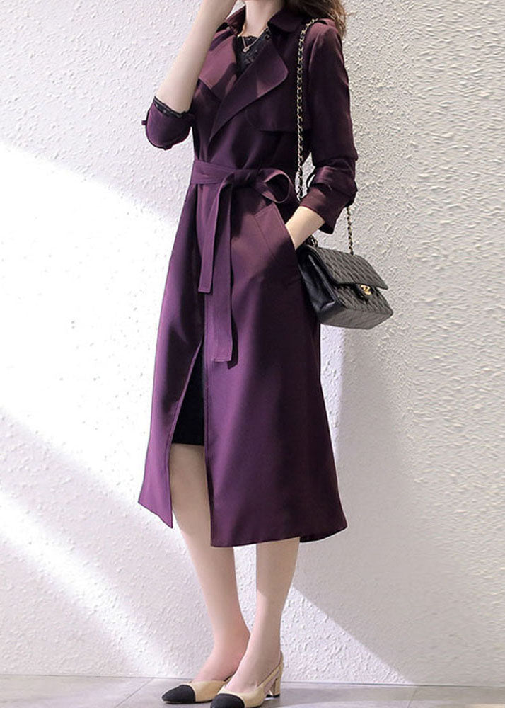 Women Dark Purple Notched Pockets Trench Coats Long Sleeve