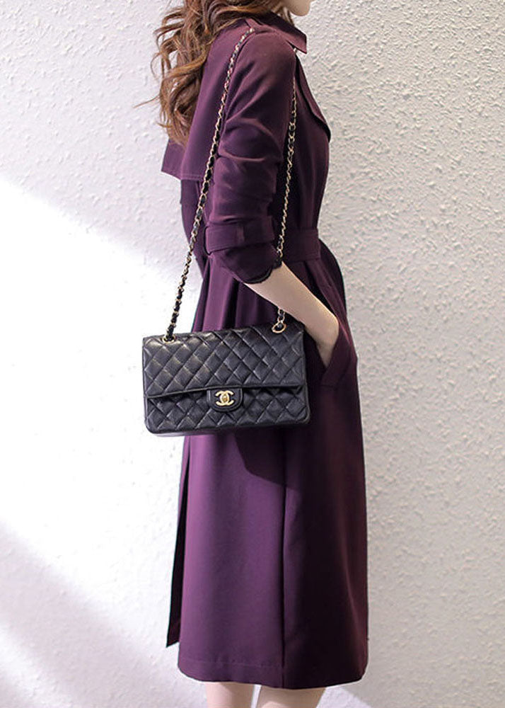 Women Dark Purple Notched Pockets Trench Coats Long Sleeve