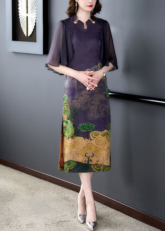 Women Dark Purple Print Side Open Slim Fit Silk Dress Cloak Sleeves