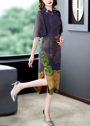 Women Dark Purple Print Side Open Slim Fit Silk Dress Cloak Sleeves