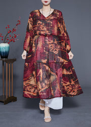 Women Dark Red V Neck Patchwork Exra Large Hem Chiffon Cinched Dresses Spring