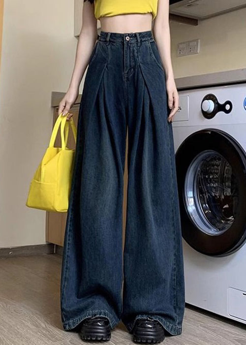 Women Denim Blue Button Pockets Denim Wide Leg Pants Summer