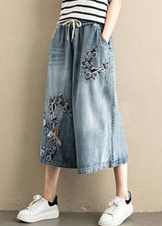 Women Denim Blue Embroideried Tie Waist Wide Leg Pants Summer