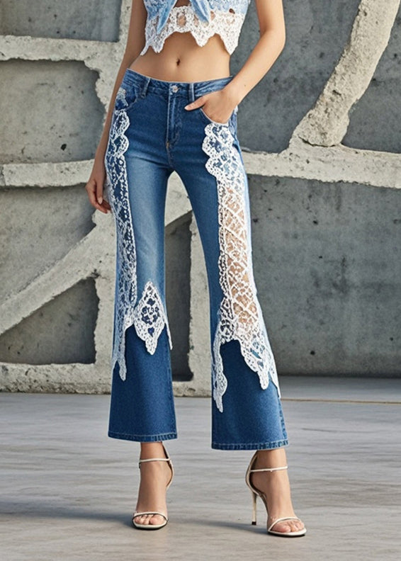 Women Denim Blue Lace Patchwork Slim Fit Flared Trousers Fall