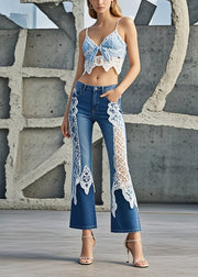 Women Denim Blue Lace Patchwork Slim Fit Flared Trousers Fall