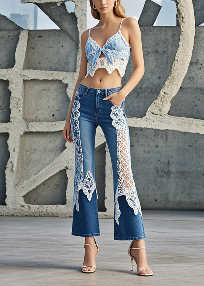 Women Denim Blue Lace Patchwork Slim Fit Flared Trousers Fall