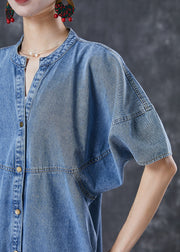 Women Denim Blue Oversized Patchwork Cotton Long Dress Fall