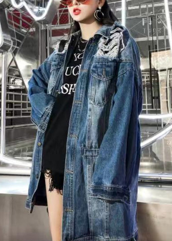 Women Denim Blue Peter Pan Collar Patchwork Hole Cotton Coat Long Sleeve