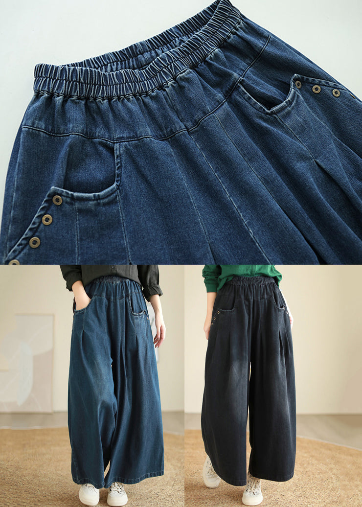 Women Denim Blue Pockets Elastic Waist Flare Pants Fall