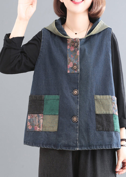 Women Denim Blue Print Patchwork Button Cotton Hooded Waistcoat Sleeveless